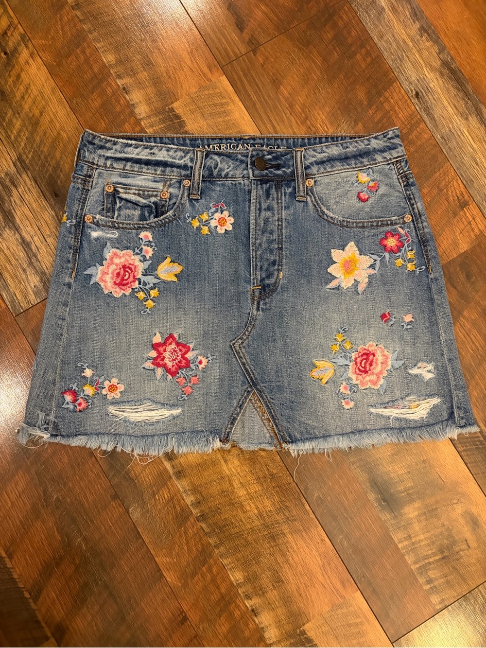 American Eagle Outfitters Blue Denim Mini Skirt with Floral Embroidery